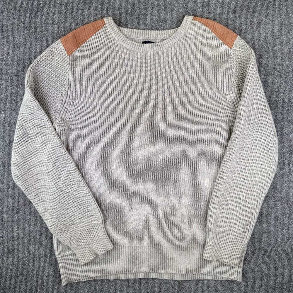 J Crew Sweater Mens XL Gray Ribbed Knit Shoulder Patch Cotton Slim Fit